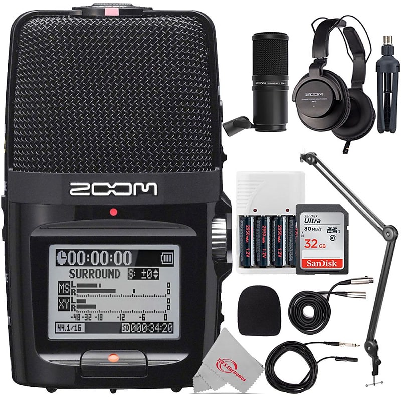 Zoom H2n ext 2-Input / 4 Track Handy Digital Audio Stereo Recorder with 5 Built-In Mic Array + Boya BY-BA20 Aluminum Alloy Desk Holder Microphone Stand Bracket + Zoom ZDM-1 Podcast Mic Pack Accessory Bundle + 32GB Memory Card + Battery & Charger image 1