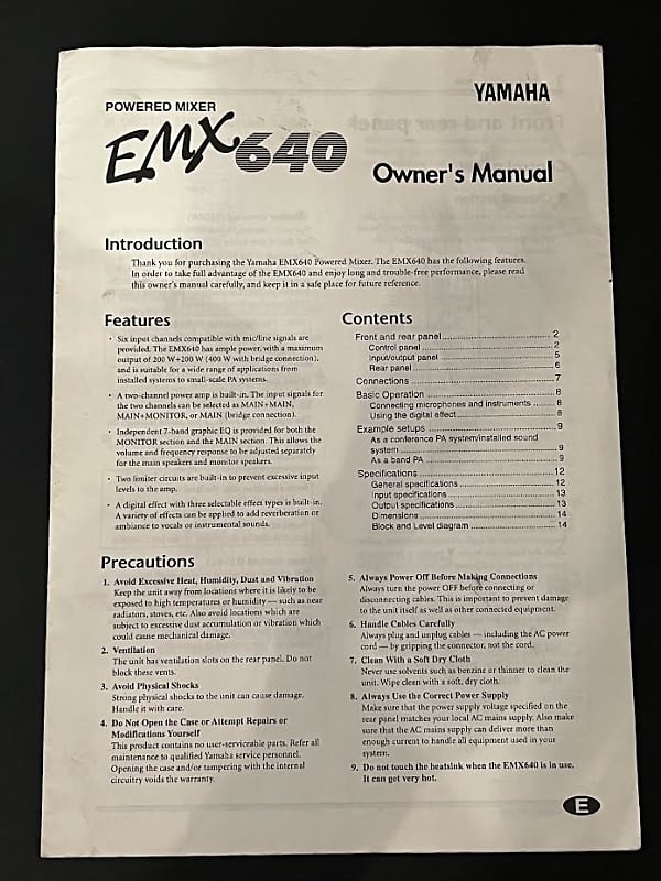 Yamaha EMX 640 Powered Mixer Owner's Manual Reverb