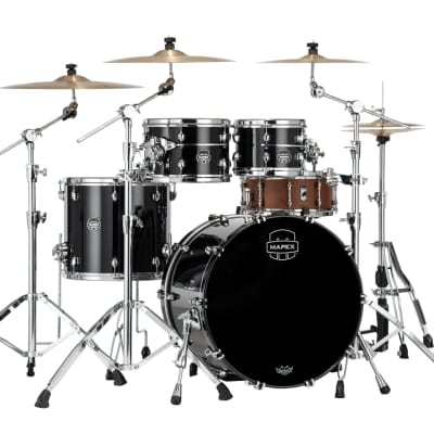 MAPEX SATURN EVOLUTION CLASSIC MAPLE 4-PIECE SHELL PACK - HALO MOUNTING SYSTEM - MAPLE AND WALNUT HYBRID SHELL - FINISH: Piano Black Lacquer (PB)  HARDWARE: Chrome Hardware (C) image 2