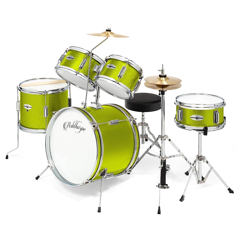 5-Piece Complete Junior Drum Set With Genuine Brass Cymbals - Advanced Beginner Kit With 16" Bass, Adjustable Throne, Cymbals, Hi-Hats, Pedals & Drumsticks - Green image 1