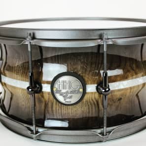 HHG drums 14x7 Contoured White Oak Stave Snare Drum 2017 High Gloss Whisky Burst With White Marine Pearl Inlay And Powder Coated Hardware image 1