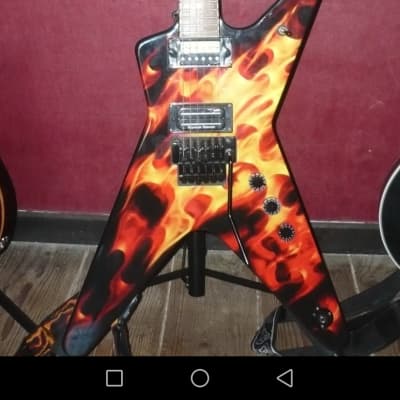 Dean Dime O Flame Flame Graphic with Korg digital pedal, original Dean hard case and stand & strap image 3