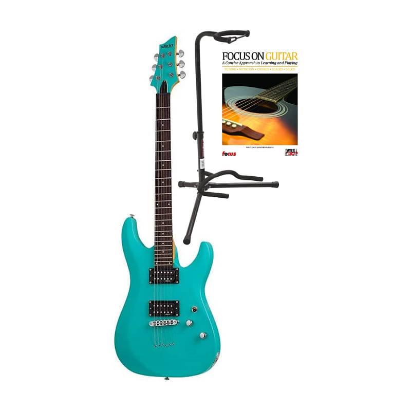 Schecter C-6 Deluxe 6-String Electric Guitar (Right-Hand, Satin Aqua) with  On Stage XCG4 Tripod Guitar Stand and Focus on Guitar - A Concise Approach 