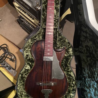 Scott Walker Katana Guitar!  As~New Elegant and simple solid body one piece old growth Curly Mahogany~Oiled, Damascus Steel Tailpiece and Pickguard, Johnny Smith pickup, Calton HSC, COA and more! image 2