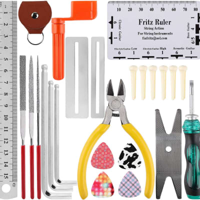 Guitar Repairing Tool Kit(26PCS) Wire Plier,String Organizer,Fingerboard Protector,Hex Wrenches, Files, String Ruler Action Ruler, Spanner Wrench,Bridge Pins for Guitar Ukulele Bass Mandolin Banjo image 2