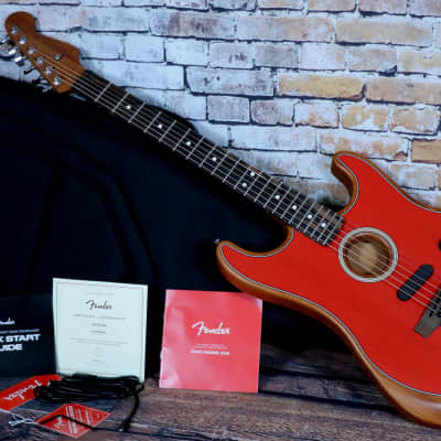 Fender American Acoustasonic Stratocaster w/Deluxe Fender padded Gig Bag & Case Candy 2020 Model in Transparent Dakota Red for sale