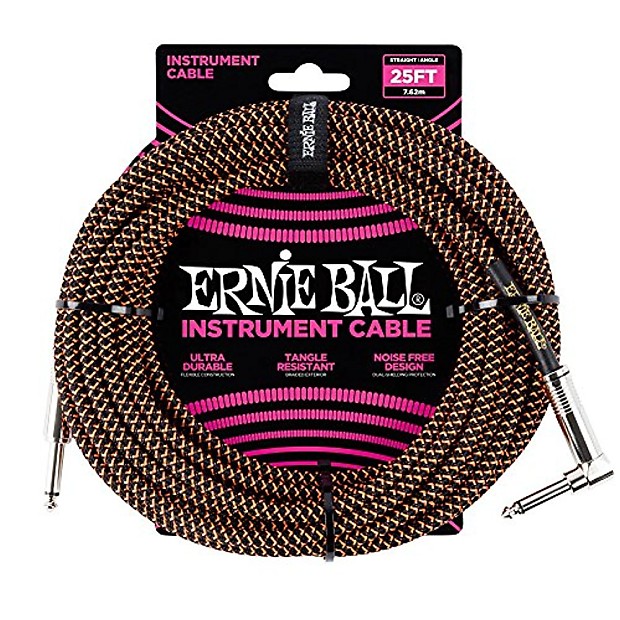 Ernie Ball P06064 1/4" TS Straight to Right-Angle Braided Instrument Cable - 25' image 1