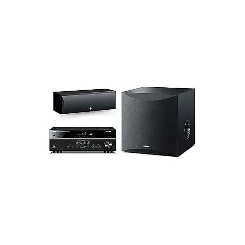 YAMAHA RX-V385 5.1-Channel 4K Ultra HD AV Receiver with NS-SW050BL 8" 100W Powered Subwoofer, Black and NS-C210BL Center Channel Speaker, Black