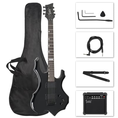 Glarry Flame Shaped H-H Pickup Electric Guitar Kit with 20W Electric Guitar AMP Bag Strap Picks Shake Cable Wrench Tool 2020s - Black image 1