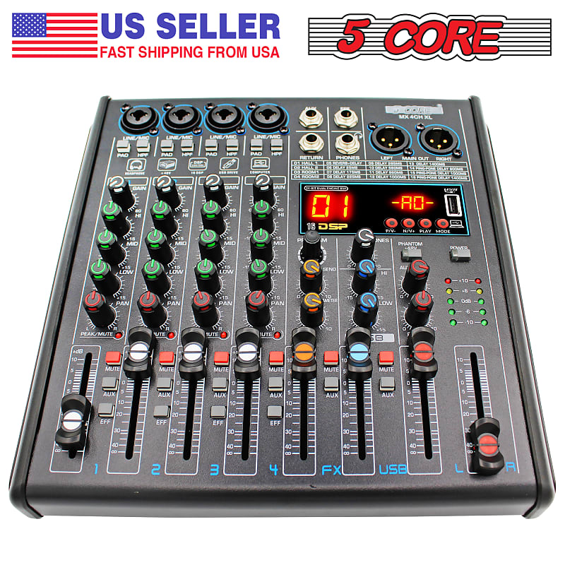 5 Core U4 Portable Mini Mixer 4 Channel Audio DJ Console with Sound Card, USB, 48V Phantom Power for PC Recording MX 4CH