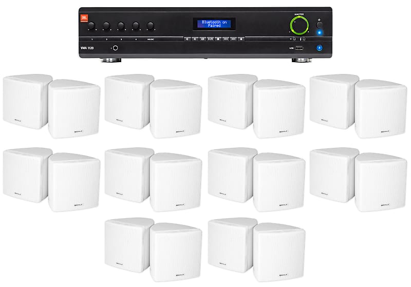 JBL Commercial Amplifier+(20) 3.5&quot; White Cube Speakers for Restaurant/Bar/Cafe  			