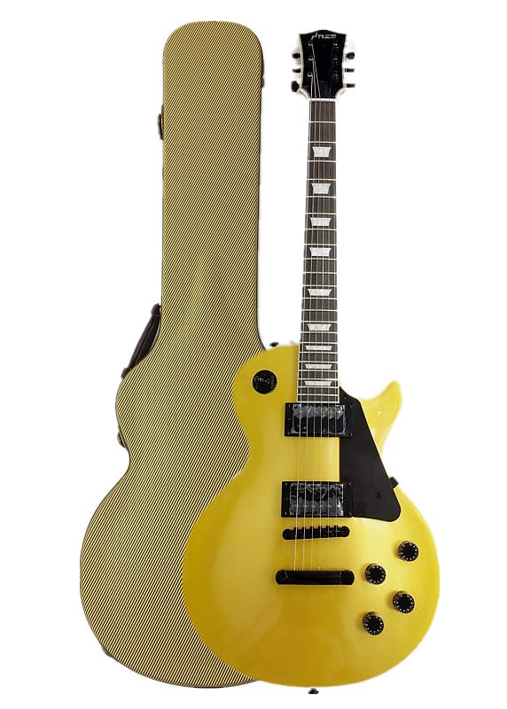 Haze HSGS91988GD Solid Mahogany Body Gold Top Electric Guitar, Gold - With yellow case image 1
