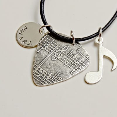 Sterling Silver Guitar Pick Necklace with Music Note and Personalized Disc Charm image 3