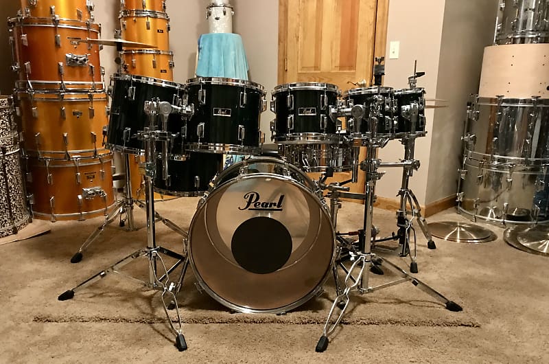 Vintage 80's Pearl Fiberglass/Maple drum set. Green Flash finish.