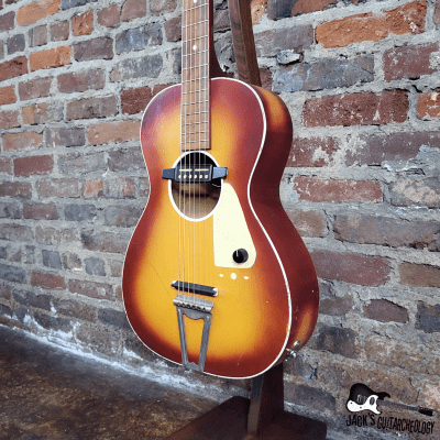 Chord Parlor Acoustic Guitar w/ Goldfoil Pickup & Rubber Bridge (1960s, Cherryburst) image 5