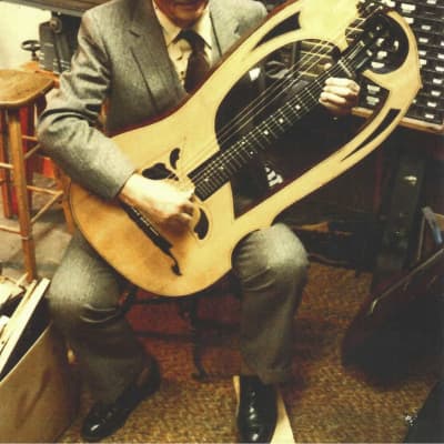 Luigi Mozzani  Lyre Harp Guitar,  c. 1905, ser. #111, black hard shell case. image 11