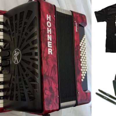 Hohner Bravo II 48 Bass Red Rojo Piano Accordion Acordeon +GigBag, Straps, Shirt - Authorized Dealer image 1