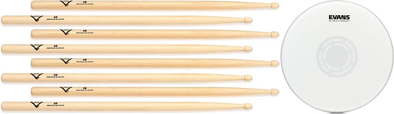 Vater Hickory Drumsticks 4-pack - 5B - Wood Tip  Bundle with Evans Heavyweight Coated Snare Batter - 13 inch image 1