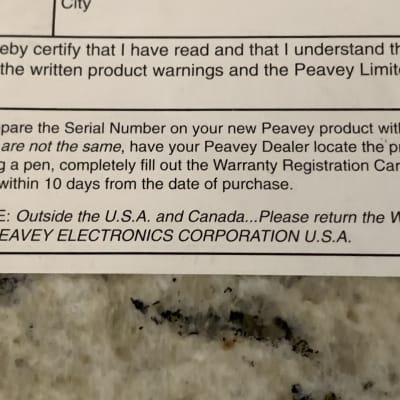 Peavey Warranty Card 90’s image 2