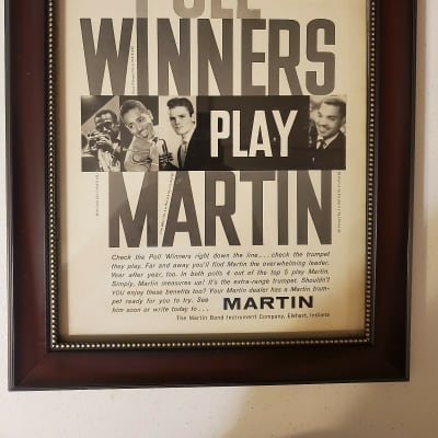 1959 Martin Horns Promotional Ad Framed Miles Davis, Dizzy Gillespie, Chet Baker Art Farmer Original for sale