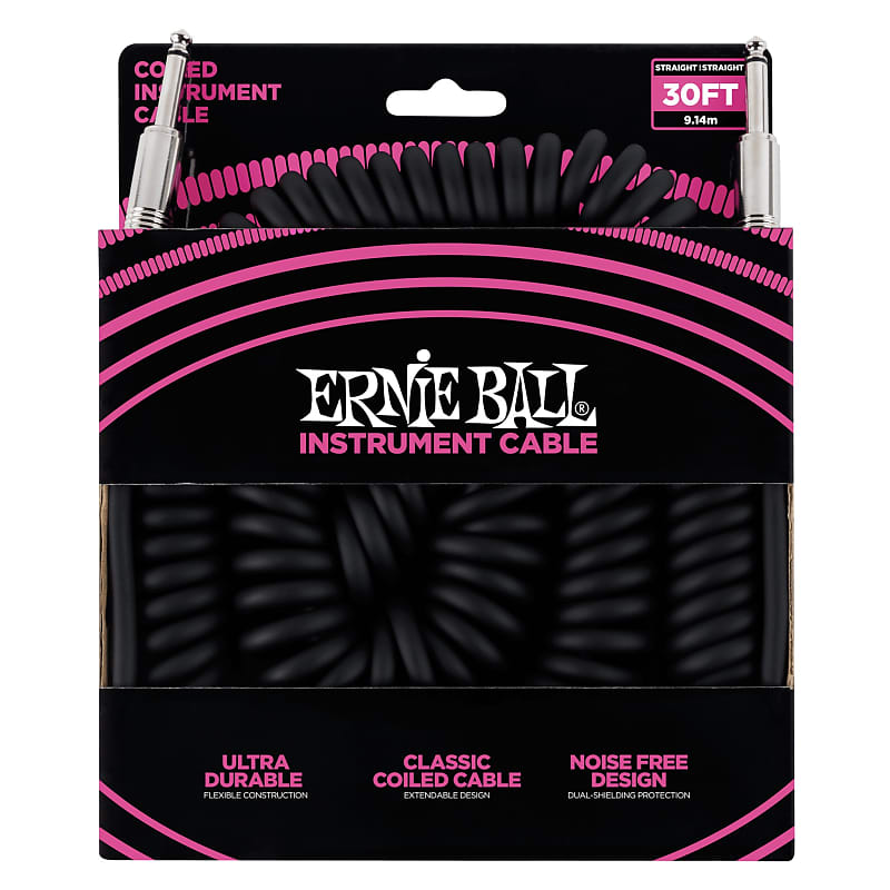 Ernie Ball 30' Coiled Straight / Straight Instrument Cable, Black image 1
