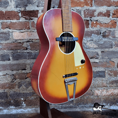 Chord Parlor Acoustic Guitar w/ Goldfoil Pickup & Rubber Bridge (1960s, Cherryburst) image 10