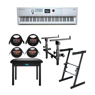 Kurzweil SP7 88-Key Stage Piano with Authentic Timbre Synthesis Technology Bundle with Folding Z Keyboard Stand and Stand, Flip-Top Piano Bench, TRS Instrument Cables, and MIDI Cables (8 Items)