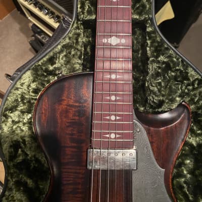 Scott Walker Katana Guitar!  As~New Elegant and simple solid body one piece old growth Curly Mahogany~Oiled, Damascus Steel Tailpiece and Pickguard, Johnny Smith pickup, Calton HSC, COA and more! image 6