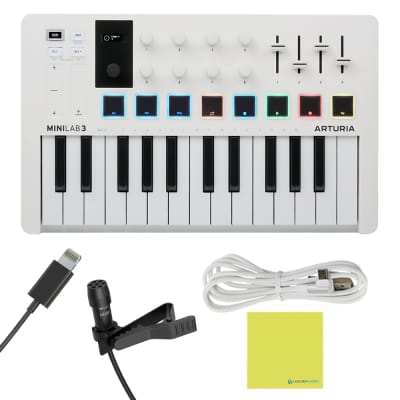 Arturia MiniLab 3 Mini Hybrid Keyboard Controller Bundle w/ Omni Directional Lightning Lavalier Mic, USB Cable & Liquid Audio Polishing Cloth