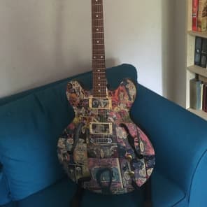 Old Antoria Guitar covered in 80's Sliver Surfer Comics, no pickups, worn frets. PROJECT image 3