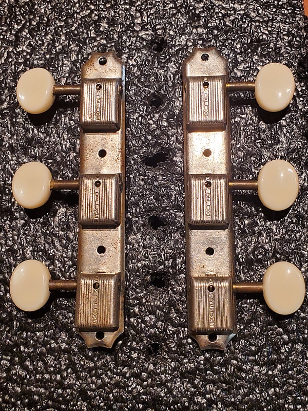 (#T12) Gibson Kluson Deluxe Strip Tuners 3 x 3 1956-64 Rebuttoned, Nickel,  Brass Shafts