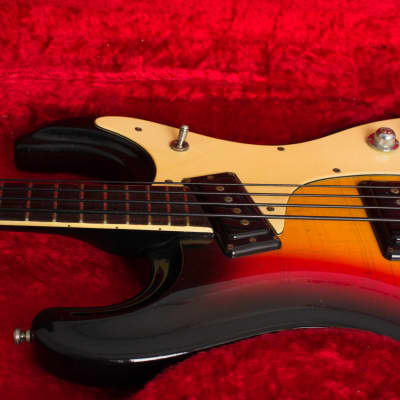 Mosrite  Ventures Solid Body Electric Bass Guitar (1966), ser. #6620, original brown tolex hard shell case. image 13