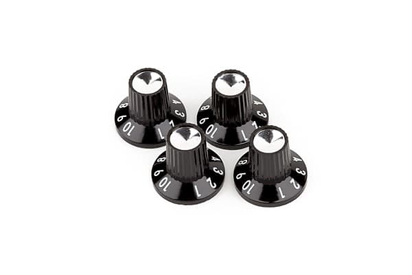 (4) Genuine Fender Black/Silver Skirted (1-10) Push-On Amplifier/Amp Knobs image 1