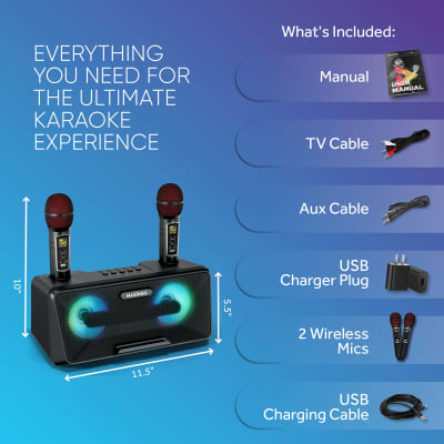 MASINGO Karaoke Machine for Adults and Kids with 2 UHF Wireless Microphones, Portable Bluetooth Singing Speaker, Colorful LED Lights, PA System, Lyrics Display Holder & TV Cable - Presto G2 Black image 8