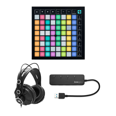 Novation Launchpad X Grid Controller for Ableton Live with Headphones and Knox 3.0 4 Port USB Hub Bundle