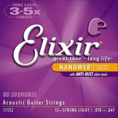 Elixir 11152 Nanoweb 80/20 Bronze 12-String Light Acoustic Guitar Strings image 1
