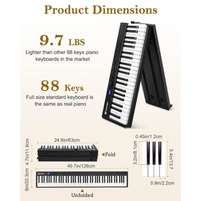 Folding Piano Keyboard 88 Key Full Size Semi-Weighted Bluetooth Portable Foldable Electric Keyboard Piano With Light Up Keys, Sheet Music Stand, Sustain Pedal And Handbag, Black image 6