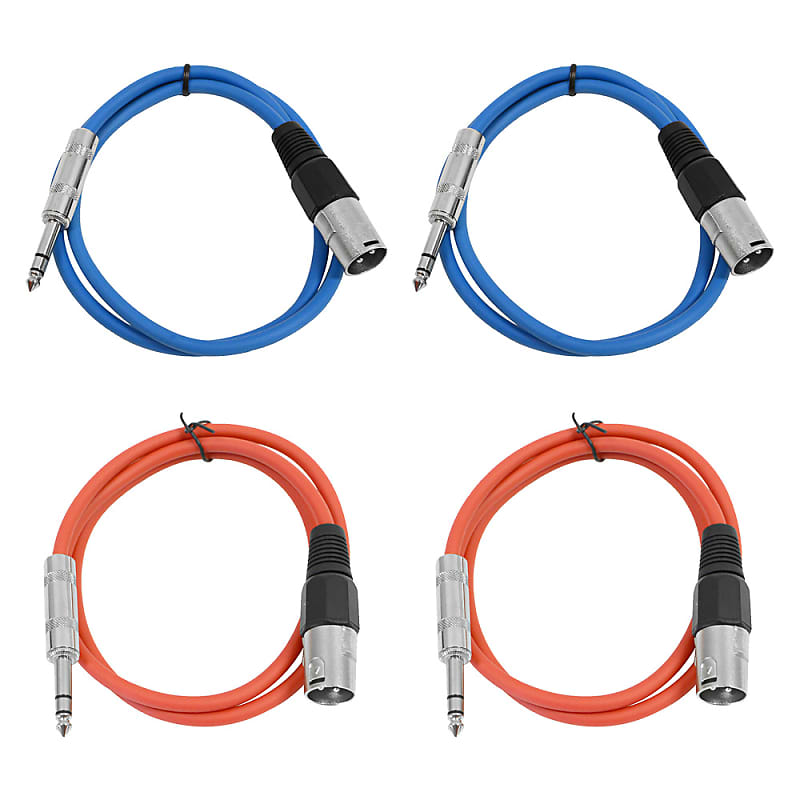 4 Pack of 1/4 Inch to XLR Male Patch Cables 3 Foot Extension Cords Jumper - Blue and Red image 1