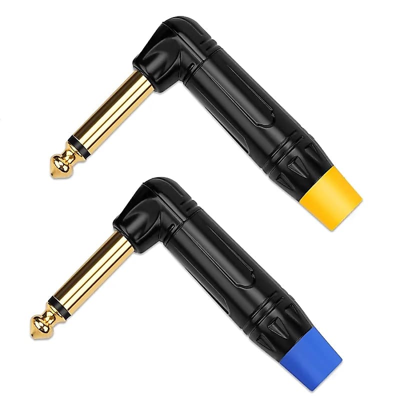 1/4 Inch Mono Plug Right Angle 2 Pack, Diy 1/4 Inch Ts Solder Type Audio Connector, Heavy Duty Quarter Inch Adapter 24K Gold-Plated For Guitar Cables, Instrument Cable(Blue*1+Yellow*1) image 1