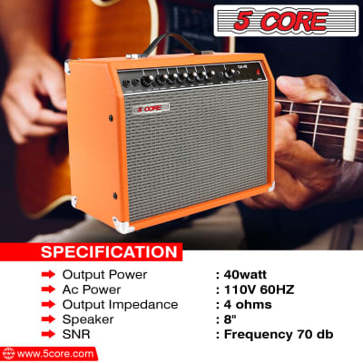 5 Core Electric Guitar Amplifier 40W Solid State Mini Bass Amp w 8” 4-Ohm Speaker EQ Controls Drive Delay ¼” Microphone Input Aux in & Headphone Jack for Studio & Stage for Studio & Stage- GA 40 ORG image 3