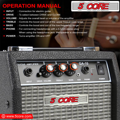 5 Core Guitar Amplifier 10 Watt Electric and Acoustic Amp for Practice with Inbuilt Speaker Aux Input Volume Bass Treble Control Amp GA 10 BLK image 8