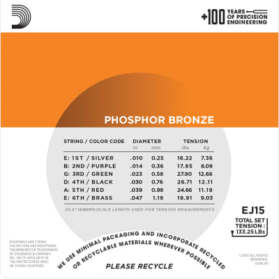 D'Addario EJ15-3D (3 Sets) Phosphor Bronze, Extra Light, 10-47, Acoustic Strings image 3