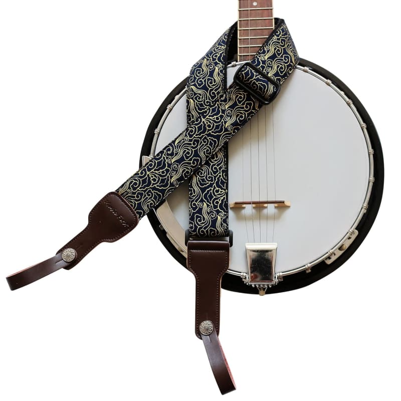 Music First Original Design, 2 inch Width (5cm), Padded, Black Cool & VintageLace Soft Lace & Genuine Leather Delux Banjo Strap, with 2 Pieces of