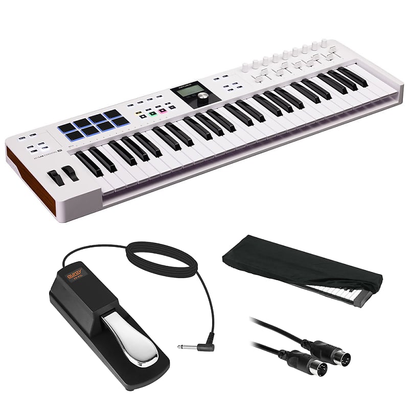 Arturia 231521 KeyLab Essential mk3 49-Key Universal MIDI Controller and  Software (White) Bundle with Auray FP-P1L Sustain Pedal, Hosa MID-310 MIDI 