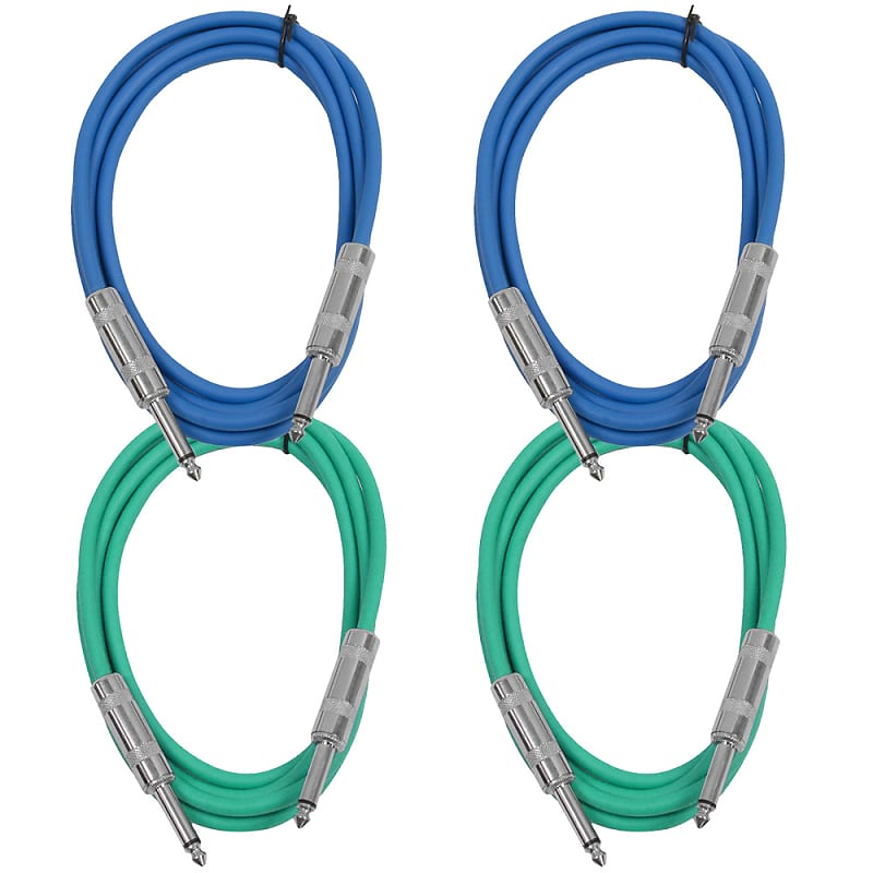 4 Pack of 6 Foot 1/4" TS Patch Cables 6' Extension Cords Jumper - Blue & Green image 1