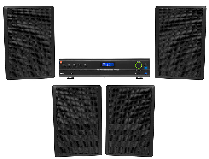 JBL Commercial Amplifier+(4) Slim Black Wall Speakers for Restaurant/Bar/Cafe  			