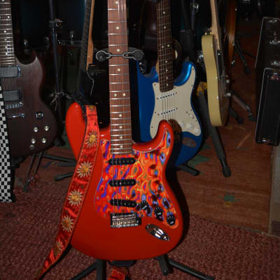 A firery Fender Player Stratocaster in Red w/New Flame Pickguard, New Dunlop Straploks, New Case, & New Set-Up! image 9