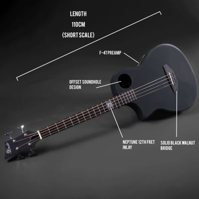 Lindo Left Handed Neptune Short Scale (30") Slim Electro Acoustic Bass Guitar + Padbag - Matte Black image 3