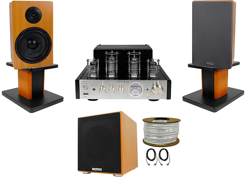 Rockville BluTube Bluetooth Tube Amplifier+Wood Bookshelf Speakers+Stands+Sub  			
