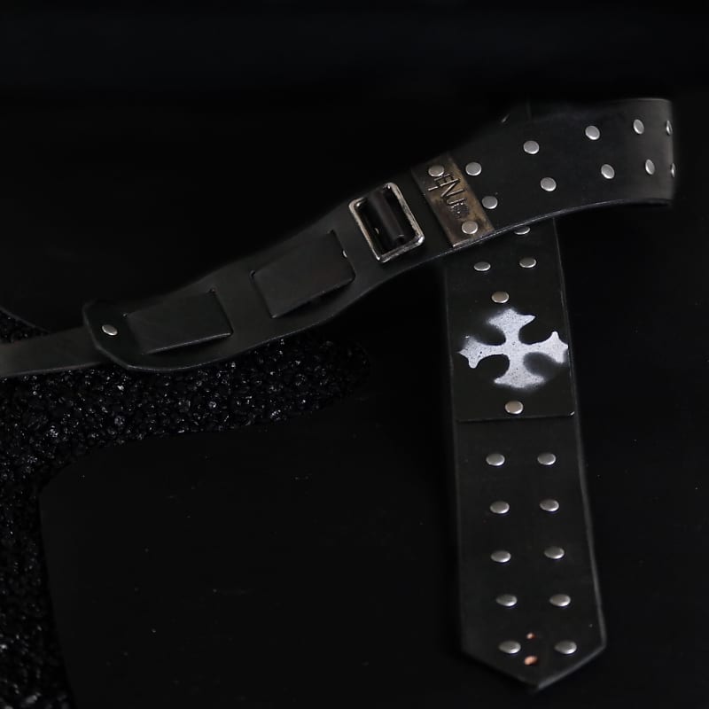 Studded Leather Guitar Strap. Custom CROSS steel Plate. 55” to 62”  Adjustable. BLACK